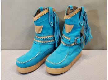 Pair Of Women's Boots, Suede Leather, Turquoise, Size 39