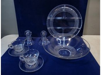 Set Of Vintage Bubble Type Clear Pattern Glass, 11.5' Bowl 11.75' Divided Platter Candle Sticks Cups & Saucers