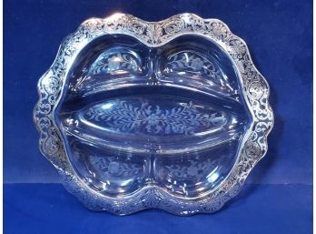 Silver Overlay Over Etched Clear Glass Divided Dish Tray, 5 Compartment, Scallop Scroll & Branch 12.5' X 10.5'