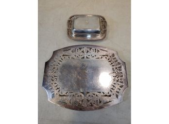 2 Silver Plated 'S' Monogrammed Serving Pieces: Wallace 7309 Trivet, Andover Hall 605 Covered Butter Pat