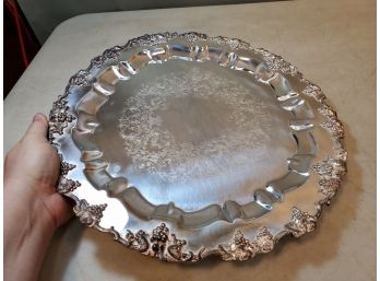 Barbour Silver Hartford CT Silver Plate Footed Tray Salver, Chased Infield, Cast Grape Vine Border, 15.25'd