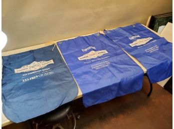 3 Vintage French Cleaners Express Bags, Blue, 2 Drawstring, (1) 20x27, (2) 23x36