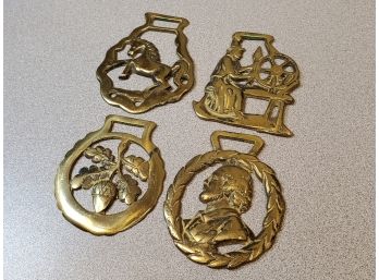 4 Vintage Brass Horse Harness Badge Medallions, 3.5'h Max