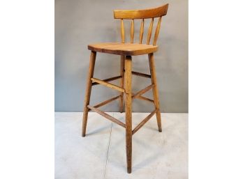 Vintage Oak Wood Low Back Stool Or High Chair, 18'W X 17.5'D X 33'H, 25.25' Seat Height