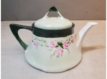 Antique Z.S & C. Bavaria Art Nouveau Porcelain Teapot, Green With Pink Roses, 7.25' X 5' X 4.5'h, C.1880-1918