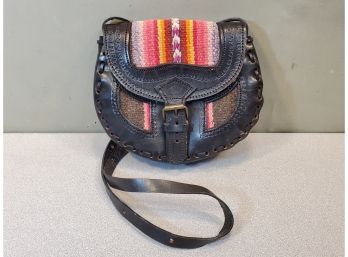 Women's Purse, Tooled Leather & Colorful Weaving, Aztek Design, 9' X 2.5' X 7.5'h, 21' Drop