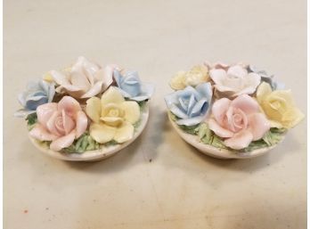 Vintage Pair Norcrest Japanese Capodimonte Floral Candlestick Holders With Caps, 3.5' Diameter X 2.5' High