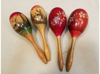 2 Vintage Pairs Of Hand Carved & Painted Wooden Maracas, Spanish / Mexican Rattles, 10.5'L Max