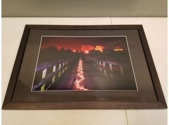 Framed Time Lapse Photo Art Print Of Luminous Footsteps On A Long Bridge Walkway, 26'w X 18'h X 3/4' OA