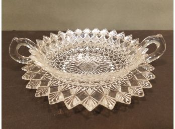 Vintage Diamond & Fan Pattern Crystal Glass Candy Dish With Attached Underplate, 2 Handled