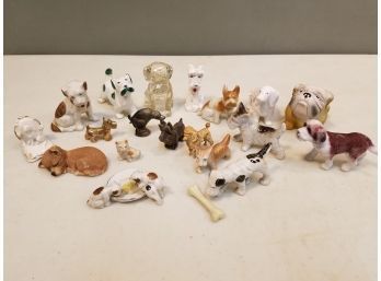 20 Piece Lot Of Small Dog Figurines, Includes Vintage Ceramic Chalk Ware Spelter Carved Wood & Foam