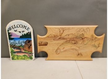 2 Fishing Wall Art Pieces: Slate Welcome Sign, Carved & Painted Wooden Plaque Signed On Reverse