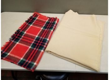 2 Vintage Wool Blankets: Light Weight Red & Green Plaid 54x50, Solid Tan 50x72