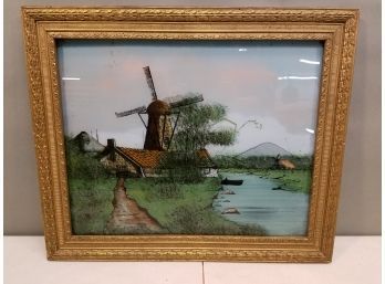 Antique Reverse Painted On Glass 'windmill, Zaanvoort' Dutch Netherlands Scene, 23.5'w X 19.75'h X 1'