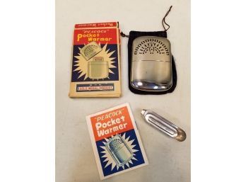 Vintage Peacock Pocket Warmer In The Original Box With Velvet Bag Instructions & Fuel Filler