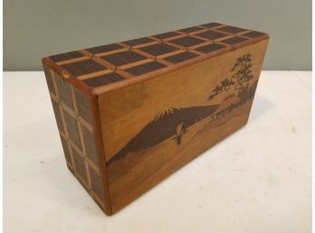 Vintage Inlayed Wood Trick Puzzle Box, Mt Fuji Japan, 7-3/8' X 4' X 2-3/4'