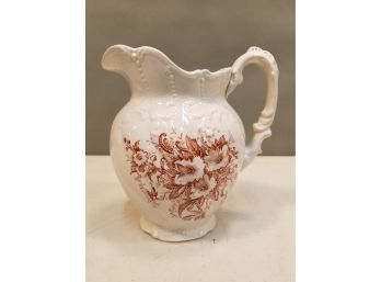 Medium Size Antique Brown Transfer Floral Decorated Pitcher, 6.5' High, Cream Honey Syrup, Nice