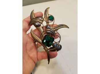 Large Vintage Louis Stern L.S. Co Brooch Pin, Vermeil (1/20 12K Gold Filled On Sterling Silver) & Green Stones