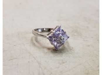 Silver Tone Ring With Violet Colored Diamond Shaped Stone Cluster, About Size 8, Unmarked