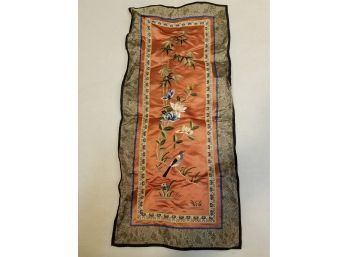 Vintage Botanical Silk Embroidery Tapestry With Bird, 25.5 X 11.75 Inches