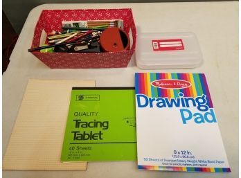 Lot Of Collectible Pencils, Regular Pencils, Sharpeners, Eraser, Box, Grill Tracing Drawing Paper Pads