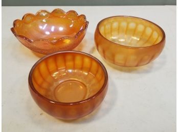 Lot Of 3 Marigold Amber Carnival Depression Glass Bowls, Unmarked, Melon & Crackle/veined Patterns