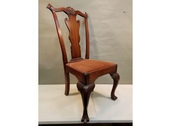 Fine Antique Carved Paw Foot Mahogany Side Chair, Brown Velvet Seat Upholstery, 23'w X 24'd X 43'h, 18' Seat