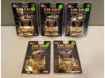 Lot Of 5 Racing Champions 24K Gold Plated Commemorative Series NASCAR Racing Cars, New Old Stock Sealed