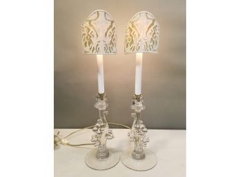 Pair Of Signed Heisey Crystal Glass Grape Cluster Lamps, 21' Tall
