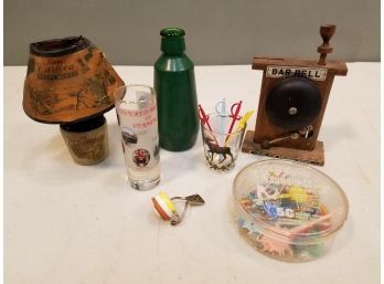 Lot Of Bar Bell (ring For Another Round), Portuguese Bottle, Vermont Shot Glasses, Rum Advertising Lamp, Etc
