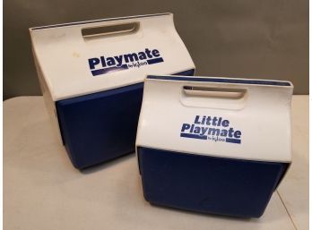 Matching Pair Of Blue Igloo Playmate & Little Playmate Coolers, 12.5x8.5x8.5 & 9x6x7 Interiors