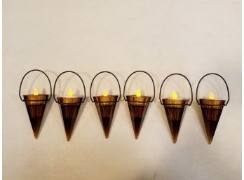 Set Of 6 Hanging LED Flickering Candle Lights, Amber Inverted Pyramid Glass With Black Hanger, 6.5' High OA