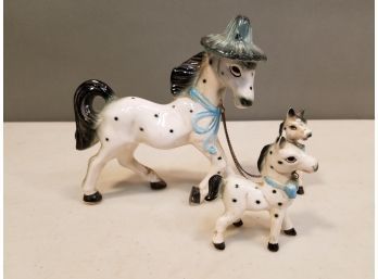 Vintage Japanese Appaloosa Horse With Hat & Her Colts / Fillies Porcelain Figurine Set, 6' & 3' High