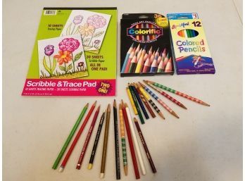 Lot Of Colored Pencils And Art Pad, Colorific 36, Liqui-mark 12, Extras
