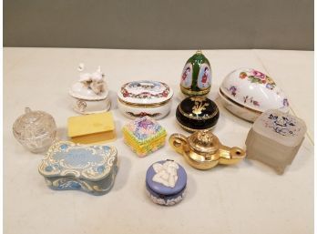 Collection Of 12 Small Covered Trinket Jewelry Boxes Including Ceramics, Satin Glass & Celluloid, Music Box
