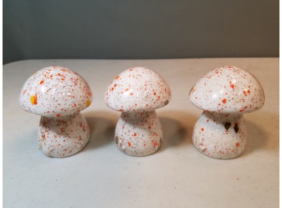 Set Of 3 Mid-century Modern Ceramic Garden Mushrooms, Orange Spatter & Brown Speckle, 4.25'h X 3'd Each
