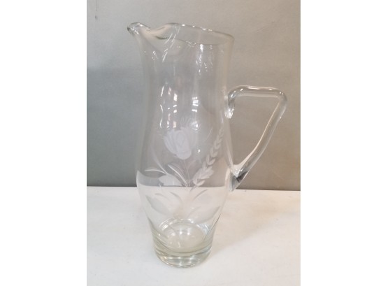Tall Etched Crystal Decanter, Modern Rose & Handle Design, 12.5'h X 7' X 5'