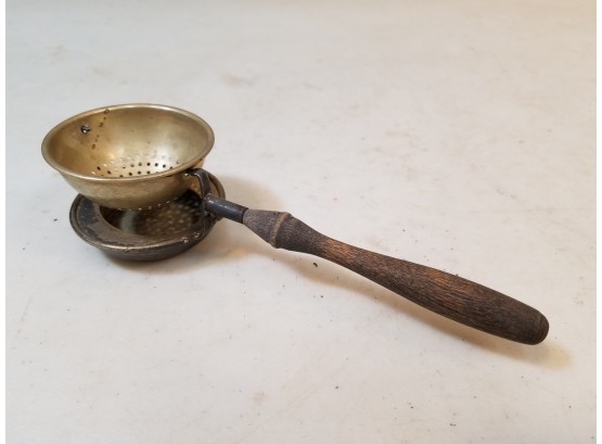 Antique P&B Paye & Baker Swivel Tea Strainer With Drip Tray, EPNS Silver Plate & Wood Handle, 6.75' X 2' X 1.5
