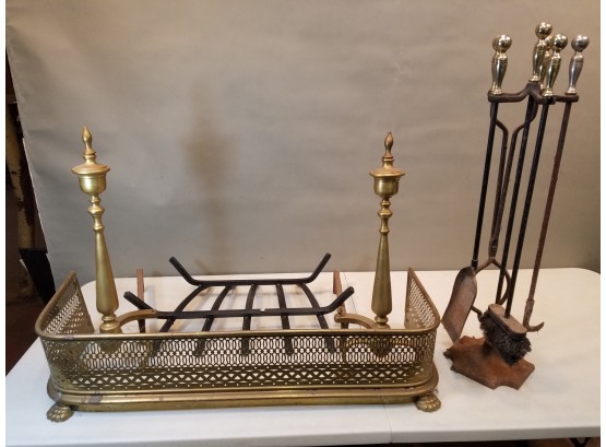 Vintage Colonial Style Fireplace Equipment Setup: Fender, Fire Dog Andirons, Log Holder Grate, Tools