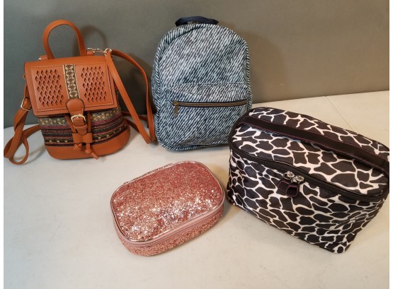 Lot Of 4 Fashion Backpack Handbag Purses & Makeup Bags, Leather, Vinyl, Leopard Print, Sparkle