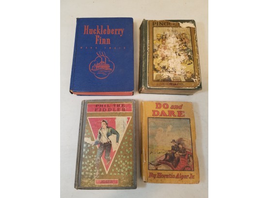 4 Vintage Boy's Moral Story Books: Huckleberry Finn (1941), Pinocchio (c.1920), Phil The Fiddler (1903), Alger
