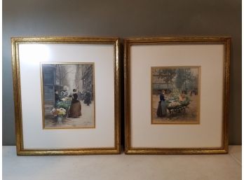 Pair Of Framed Victor Gabriel Gilbert Art Prints, French Street Scenes, 12.75' X 14.25', Beautifully Framed