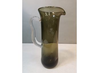 Fine Heavy Blown Glass Decanter, Smoked Glass With Clear Handle, Dimpled Body, 12.5'h X 7.5' X 5'
