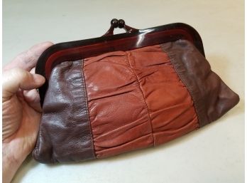Vintage Carnit Migdal Haemek Israeli Leather & Dark Amber Lucite Clutch Handbag, Brown Tones, 11.25' X 7'