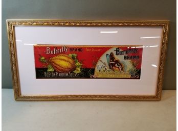 Framed Butterfly Brand Boston Marrow Squash Westernville Oneida Co. NY Label, 18.5'w X 9.75'h