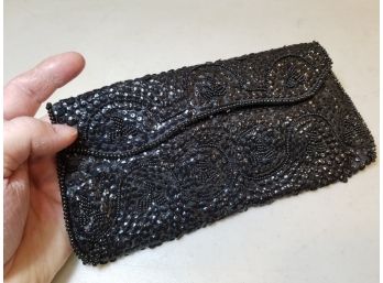 Vintage Jet Black Beaded Clutch Purse, Made In Japan 1950s, 9.5' X 4.5'