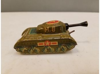 Small Vintage Borger Japan M.8 Tin Litho Friction Toy Tank, Telescoping Cannon Barrel, 3' Long, Working