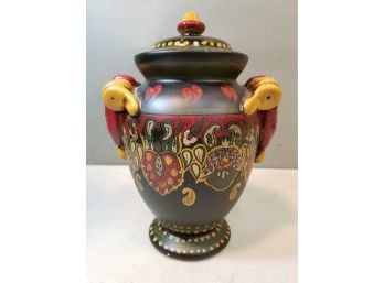 Ceramic Art Pottery Covered Jar With Handles, Paisley Floral Pattern, Hand Painted, Olive Green Mustard Yellow