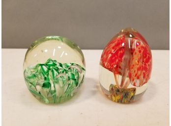 2 Vintage Glass Paperweights, Abstract Forms, 2.5' Green Sphere, 3' Orange-red Egg Shape