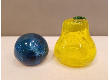 2 Vintage Glass Paperweights, 2' Blue Coral Sphere, 3' Yellow & Green Pear